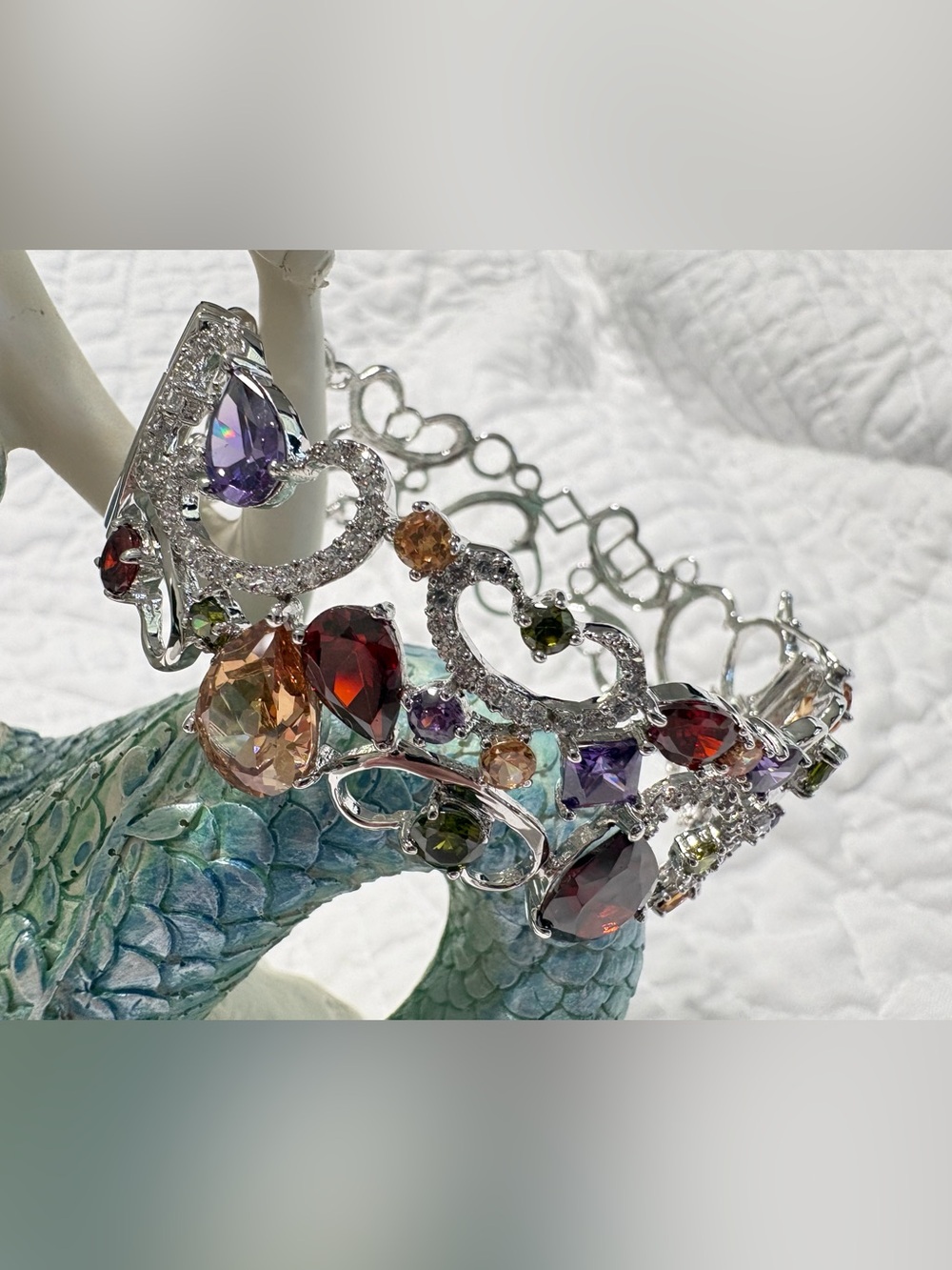 New Sterling Silver 925 Multicolor Pave Crystal Statement Cuff Bracelet - Picture 14 of 16